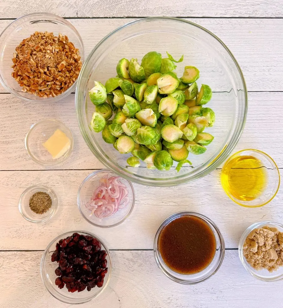 Ingredients in bowls for Roasted Brussels Sprouts