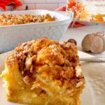 Baked pumpkin bread pudding serving without caramel sauce.