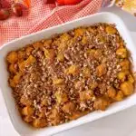 Pumpkin Bread pudding in baking dish out of the oven.