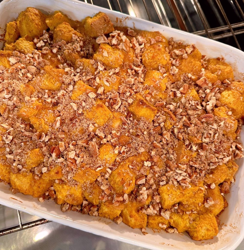 Bread Pudding sprinkled with candied pecans.