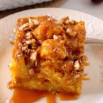 Serving of Bread Pudding with Caramel Sauce.
