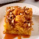 Serving of Bread Pudding with Caramel Sauce.