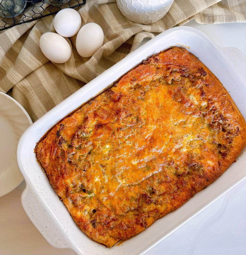 Breakfast casserole in the baking dish after baking in the oven.