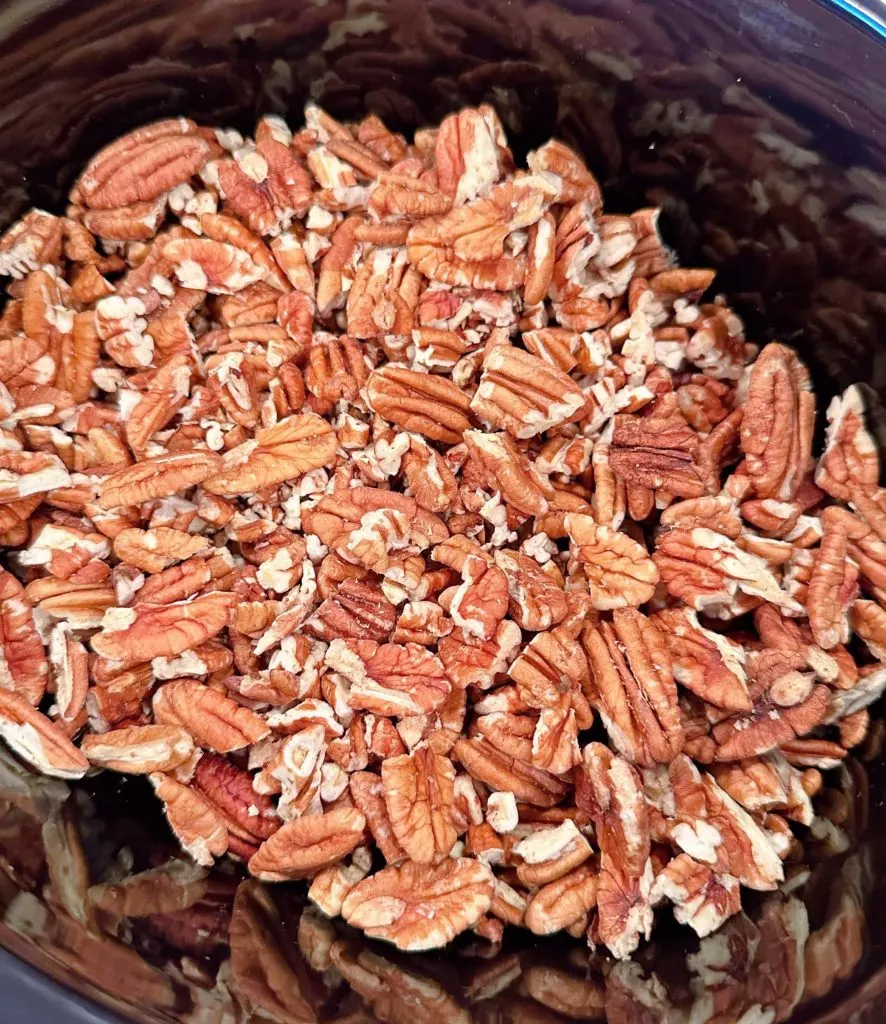 Chopped pecans in the bottom of slow cooker.