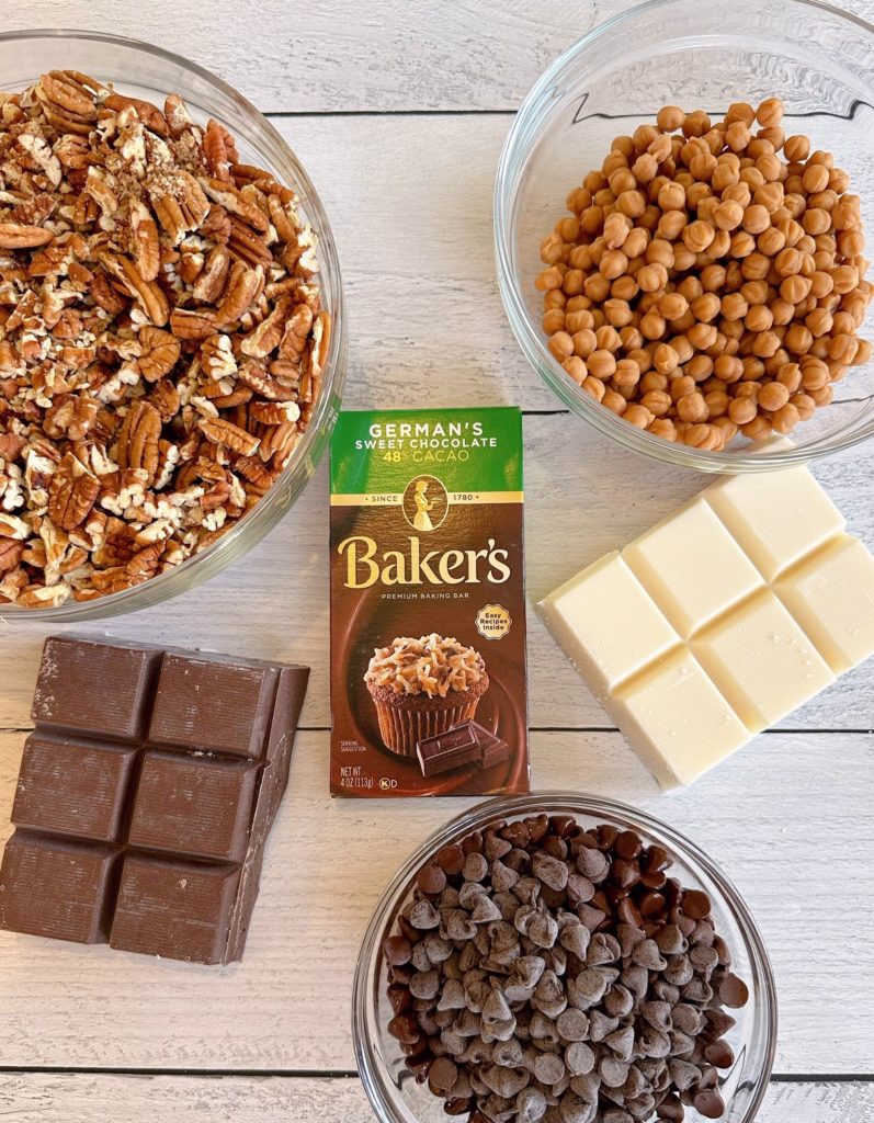 Ingredients for Crock Pot Chocolate Pecan Turtles.