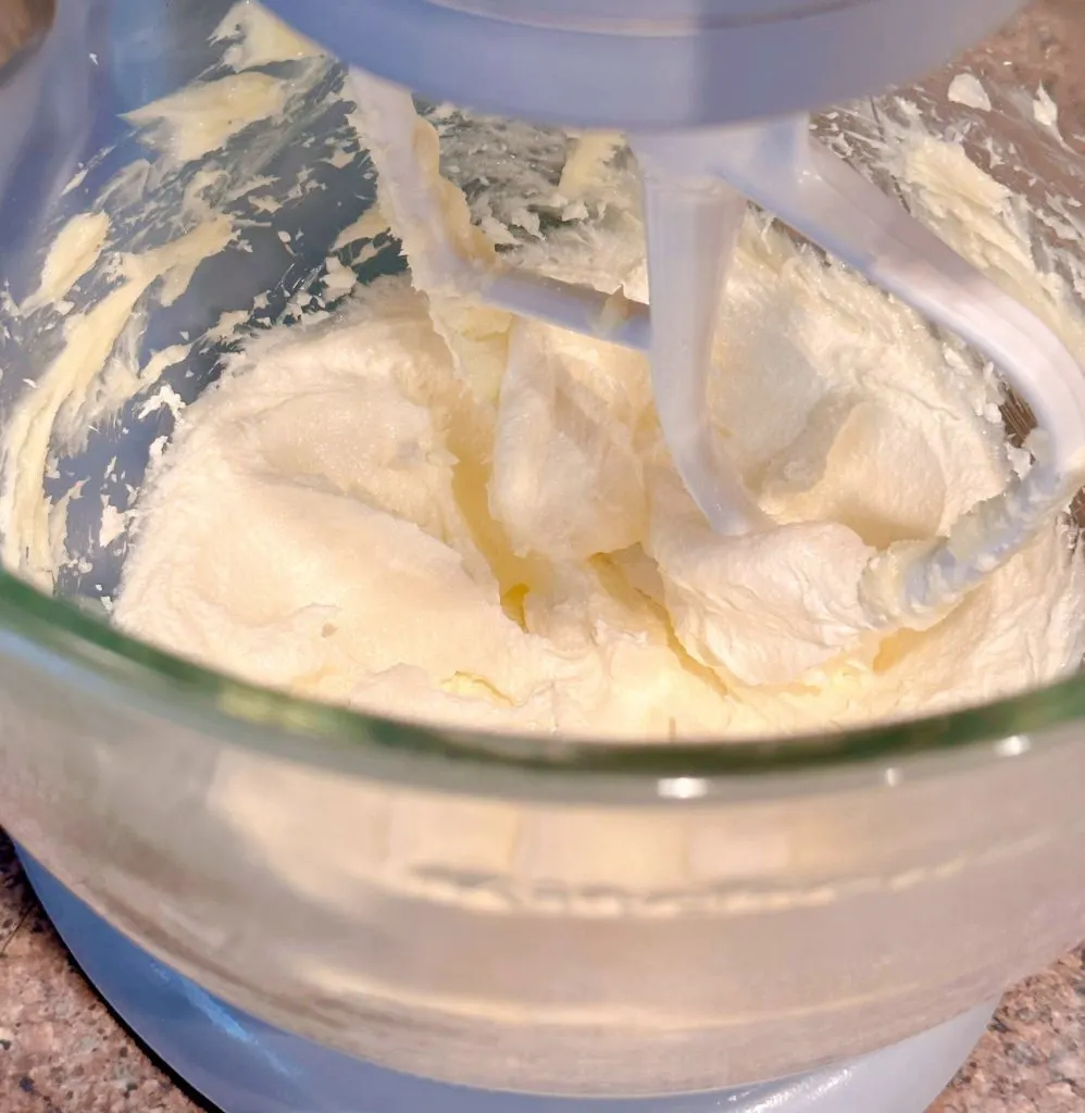 Butter and sugar creamed together in a stand mixer.