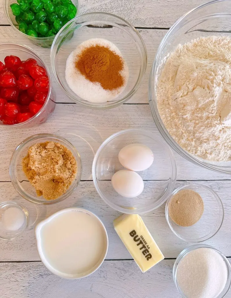 Ingredients for Swedish Tea Ring on a board in bowls.