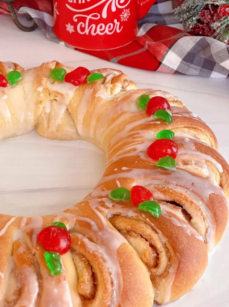 The Swedish tea ring is decorated as a holiday wreath.