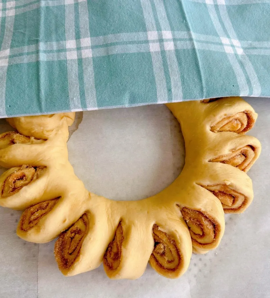 Tea ring dough half covered by a dish towel, rising again.