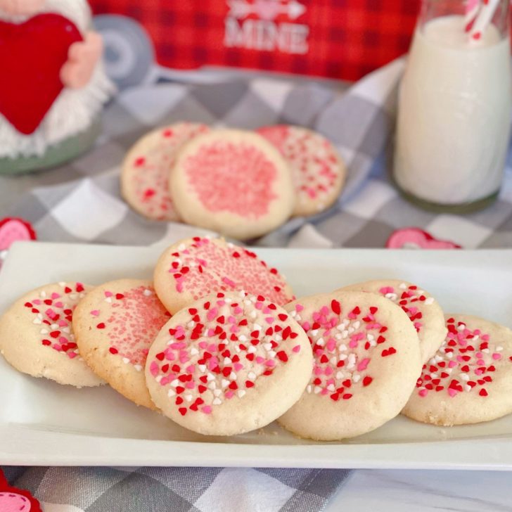 Valentine Sugar Sprinkle Cookies on a white plate.