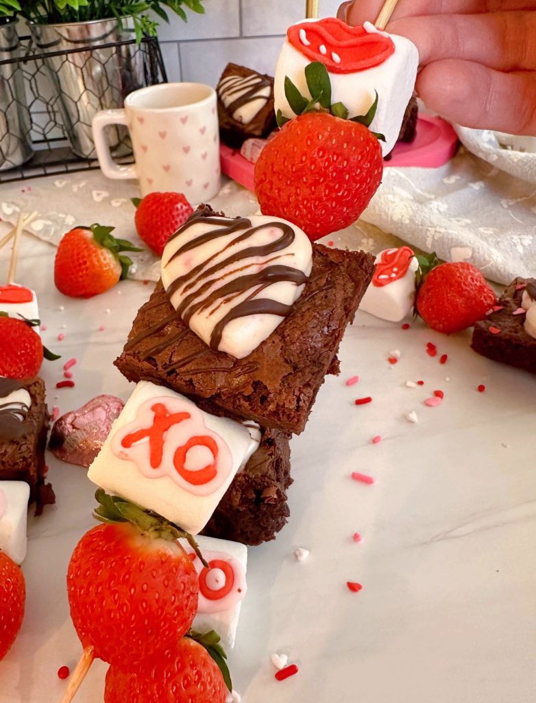 Strawberry Brownie Marshmallow Valentine Kabob up close.