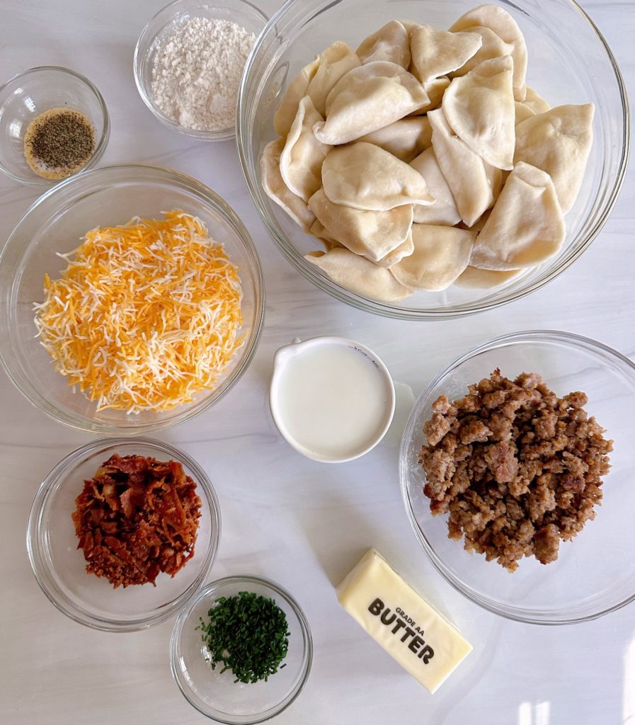 Ingredients for Pierogi casserole on a white counter top.