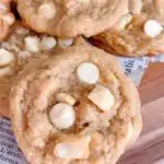 Close-up photo of white chocolate chip nut cookies.