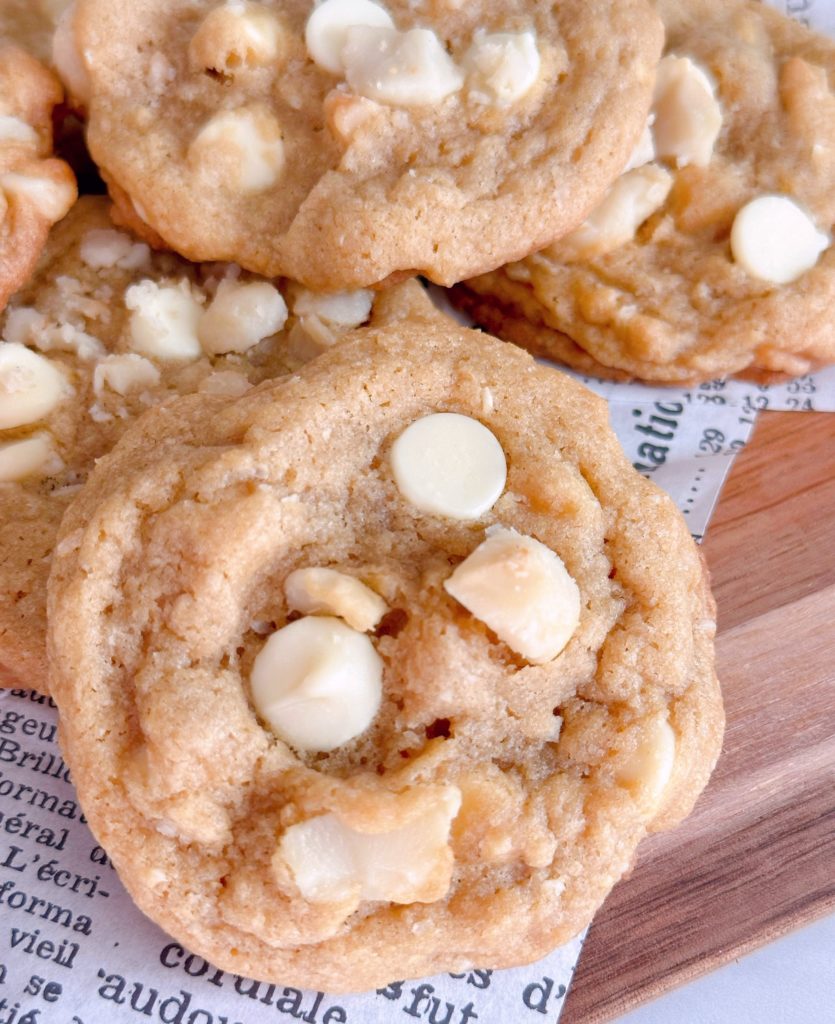 Close-up photo of white chocolate chip nut cookies.