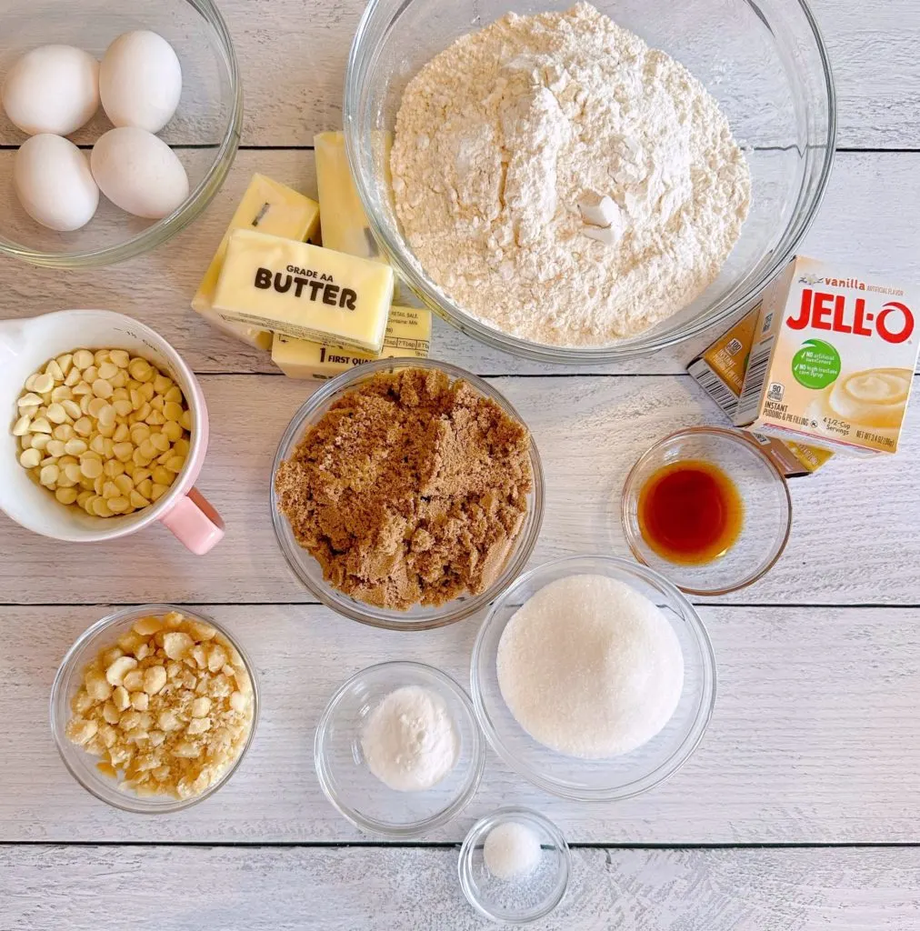 Ingredients for white chocolate chip macadamia nut cookies.