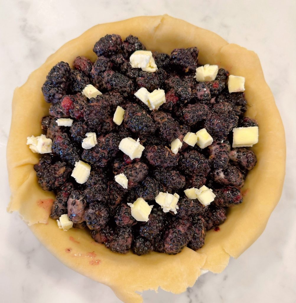 Bottom pie crust in a pie plate with blackberry pie filling dotted with small cubes of butter.
