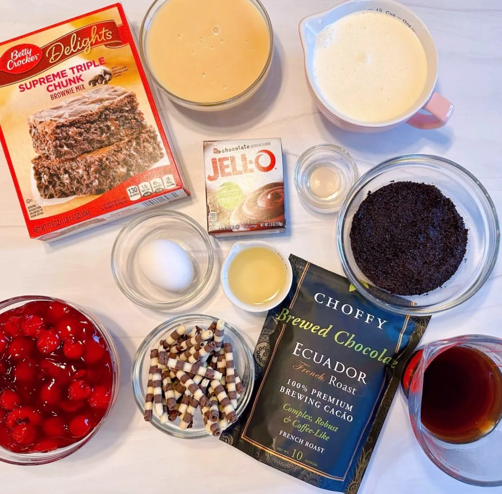 Ingredients for chocolate trifle on a table.