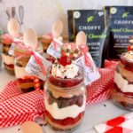 Individual Choffy Chocolate Cherry Trifle's in mason jars.