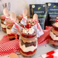 Individual Choffy Chocolate Cherry Trifle's in mason jars.