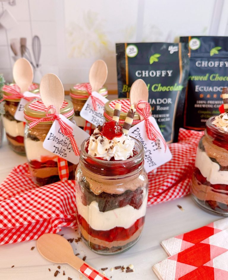 Individual Choffy Chocolate Cherry Trifle's in mason jars.