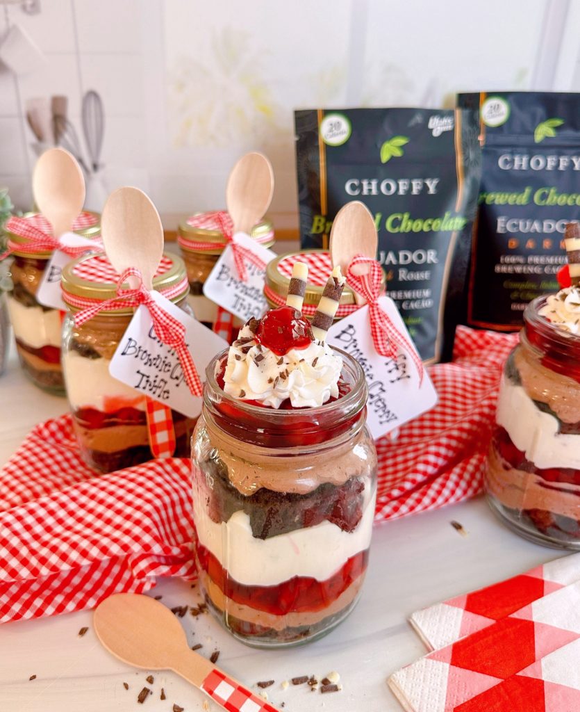 Individual Choffy Chocolate Cherry Trifle's in mason jars.