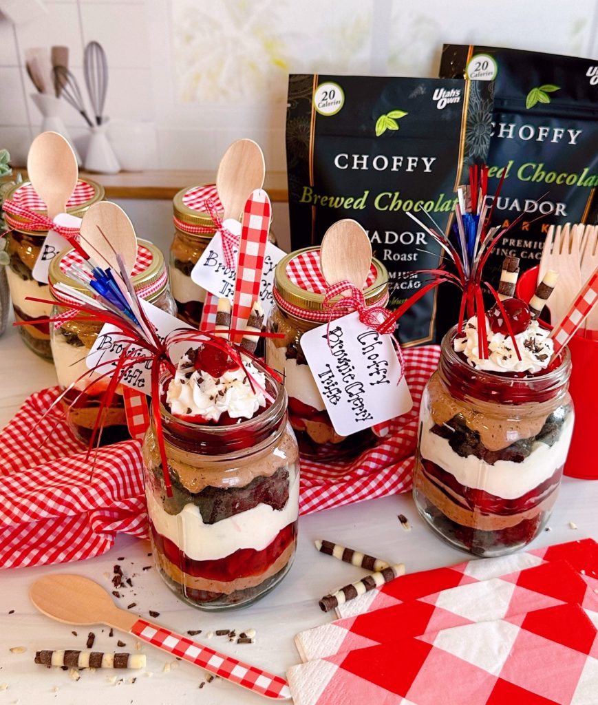 Choffy individual servings in mason jars decorated for the Holidays.