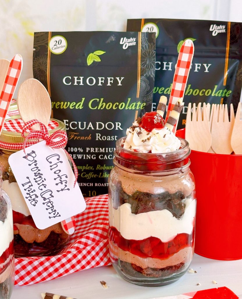 Individual Choffy Chocolate Trifles with Coffy bags in the background.