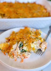 Chicken and Stuffing Zucchini Casserole on a serving plate with a fork.