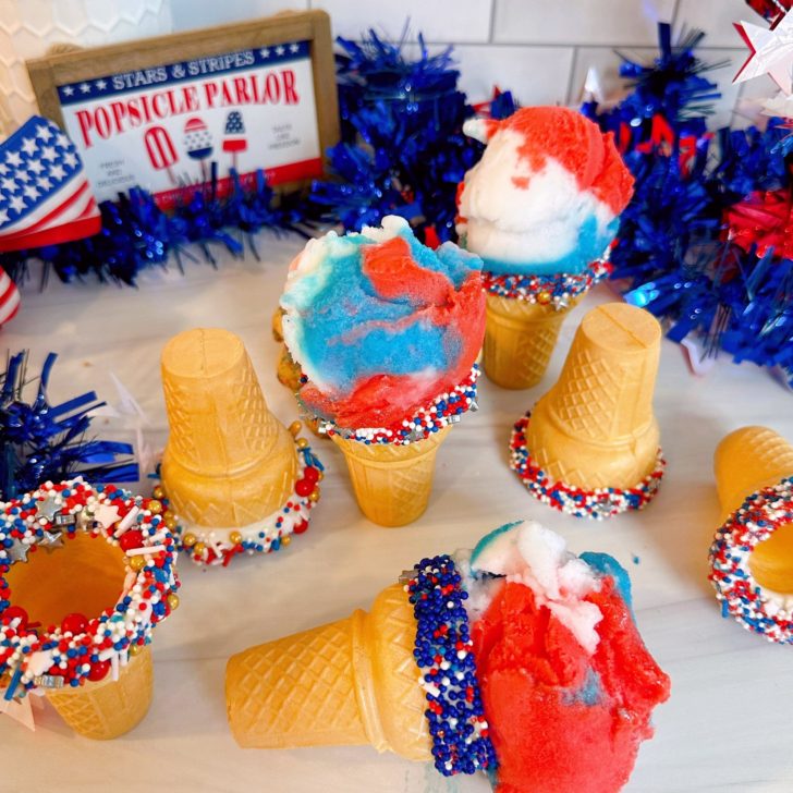 Collection of 4th of July Patriotic white chocolate dipped cones.