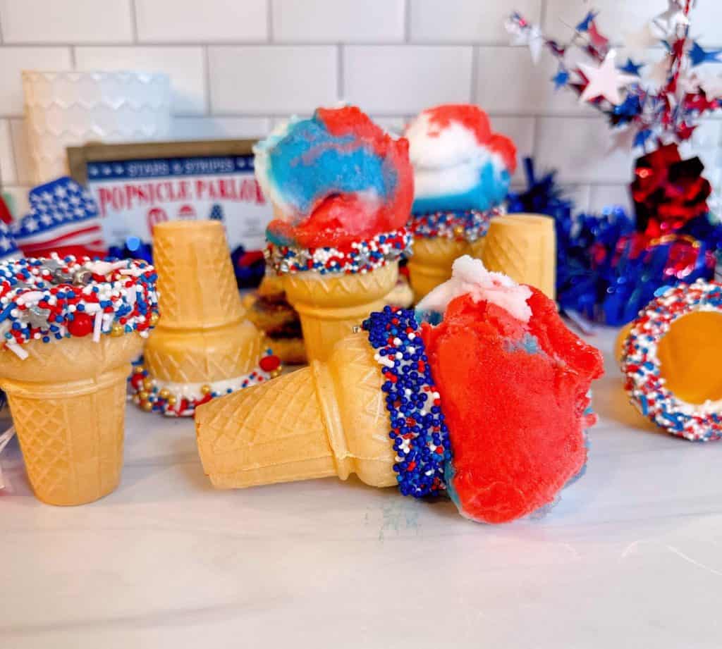 Patriotic Cake Dipped Ice Cream Cones with red, white, and blue ice cream.