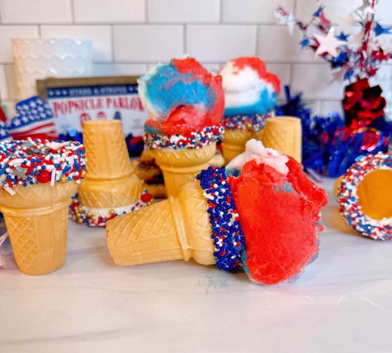 Patriotic Cake Dipped Ice Cream Cones with red, white, and blue ice cream.