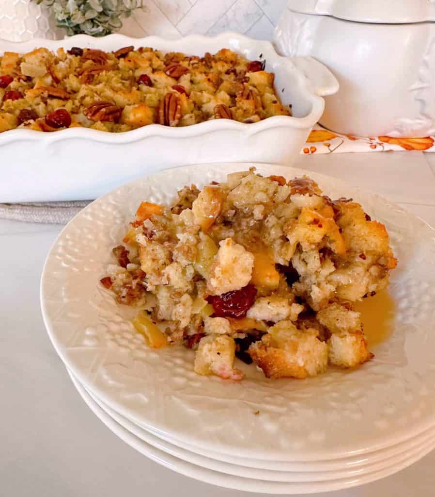 Baked sausage sourdough stuffing with cranberries and pecans.