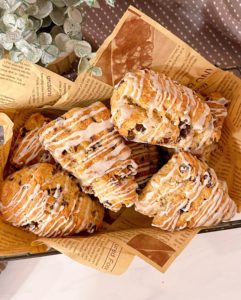 Chocolate Chip Pecan Scones in a basket!