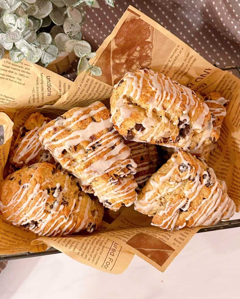 Chocolate Chip Pecan Scones in a basket!