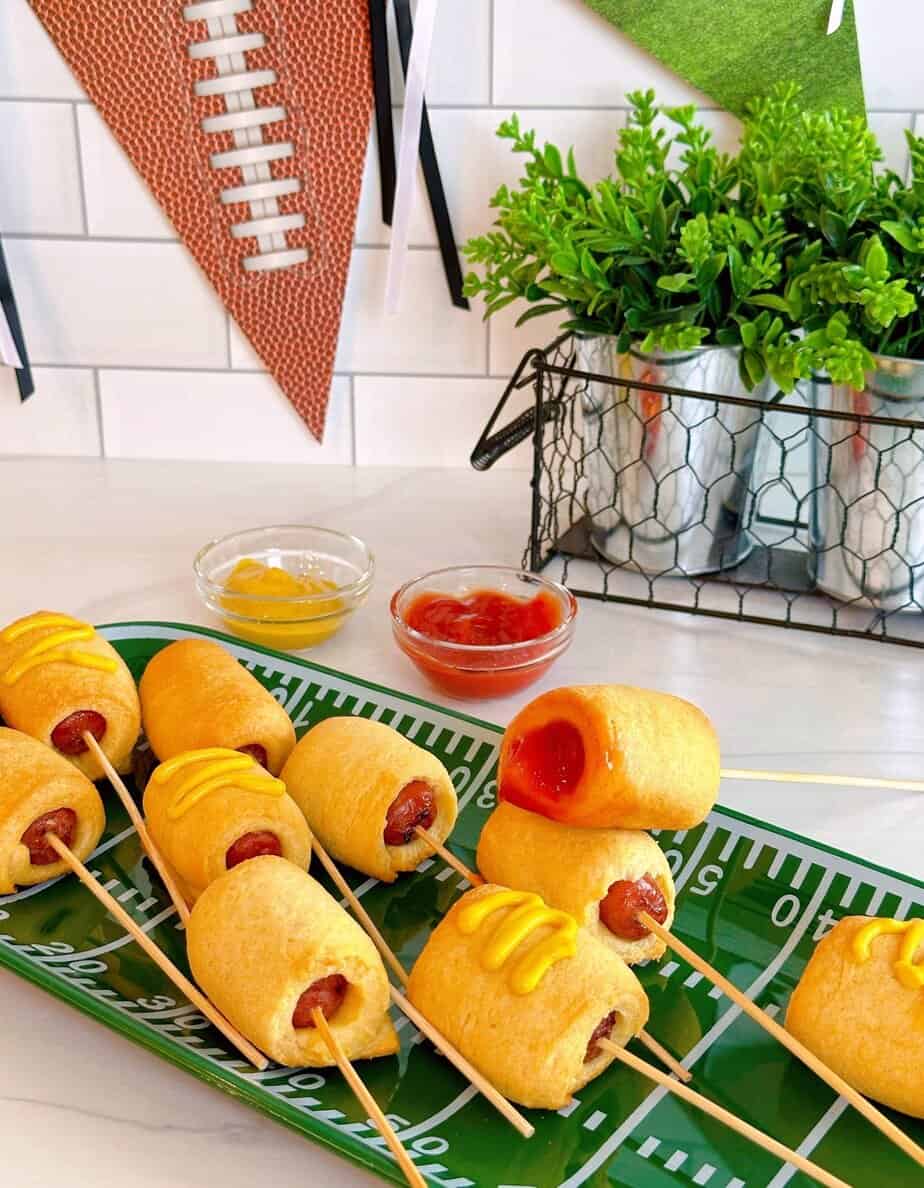 Mini-Corn Dogs on a fooball tray!