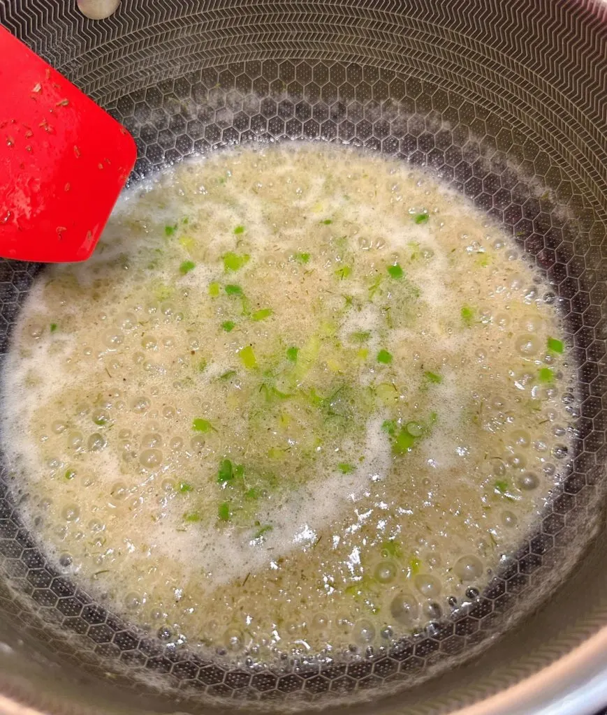 Almond butter sauce with dill and chicken bouillon.