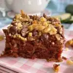 Chocolate Zucchini Walnut Cake square on a plate.