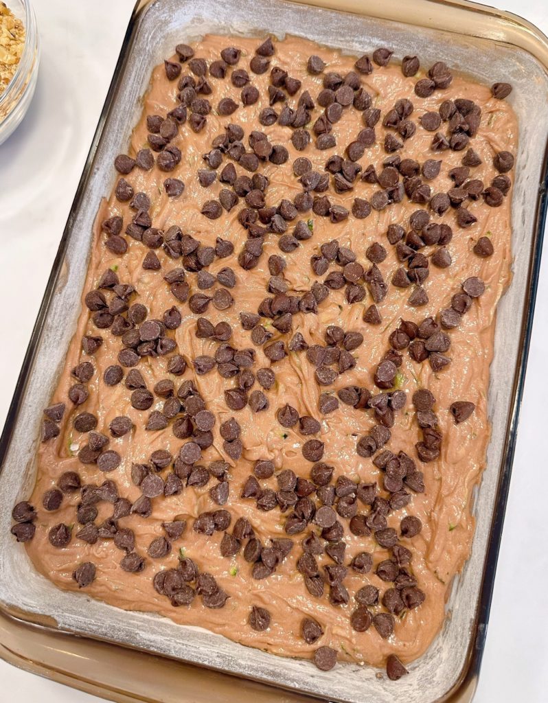 Cake sprinkled with chocolate chips.