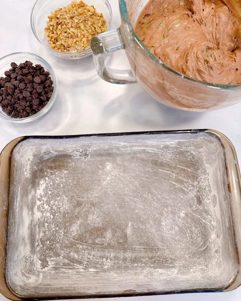 Photo of greased and floured 9x13 baking pan.