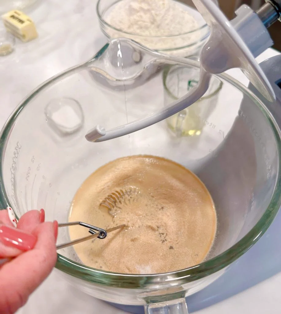 Stir yeast into warm water and sugar.