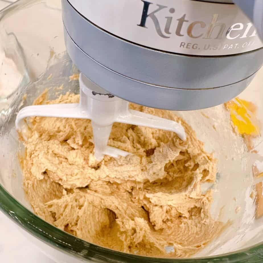 Cookie dough with eggs and vanilla mixed in.