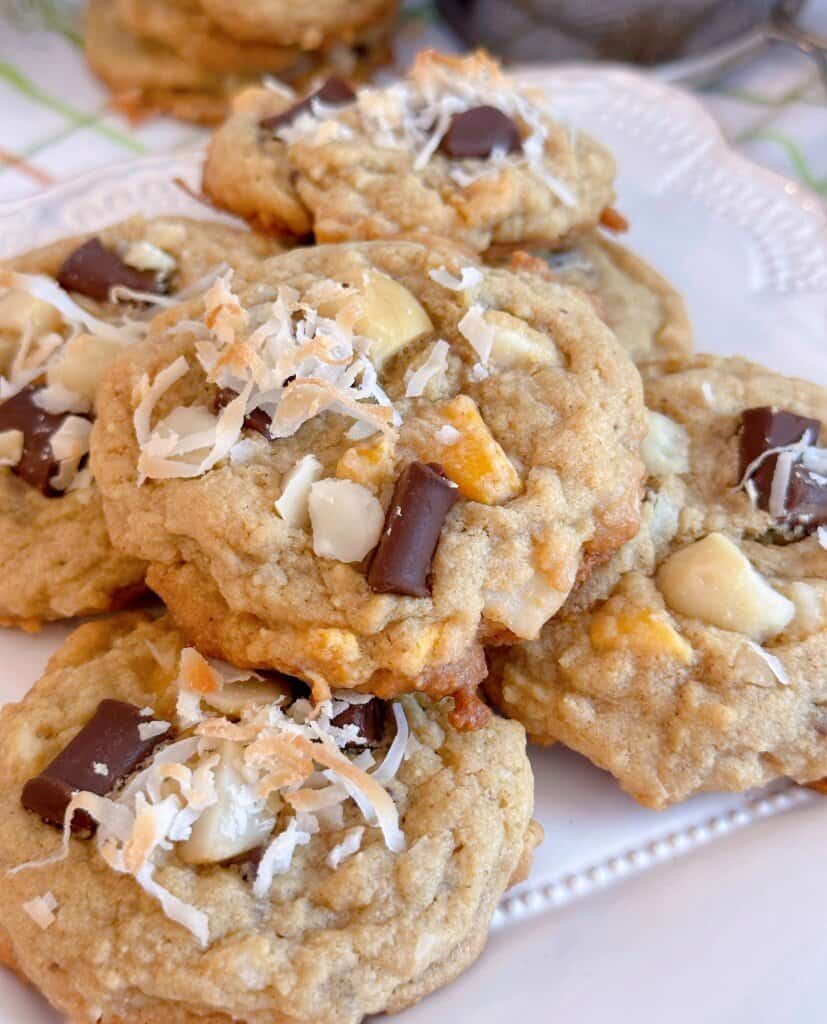 Coconut Mango Chocolate Chunk Cookies on a plate.
