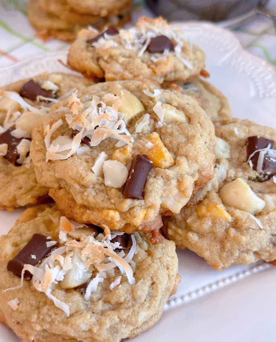 Coconut Mango Chocolate Chunk Cookies on a plate.