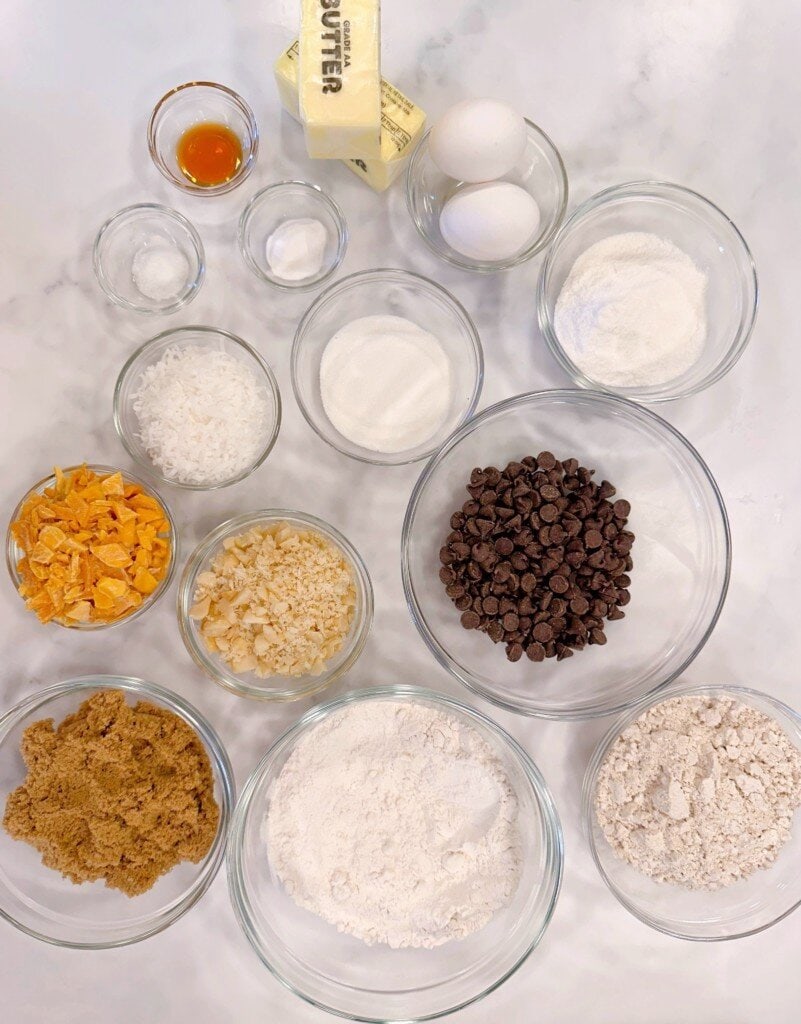Ingredients for Coconut Mango Chocolate Chunk Cookies.