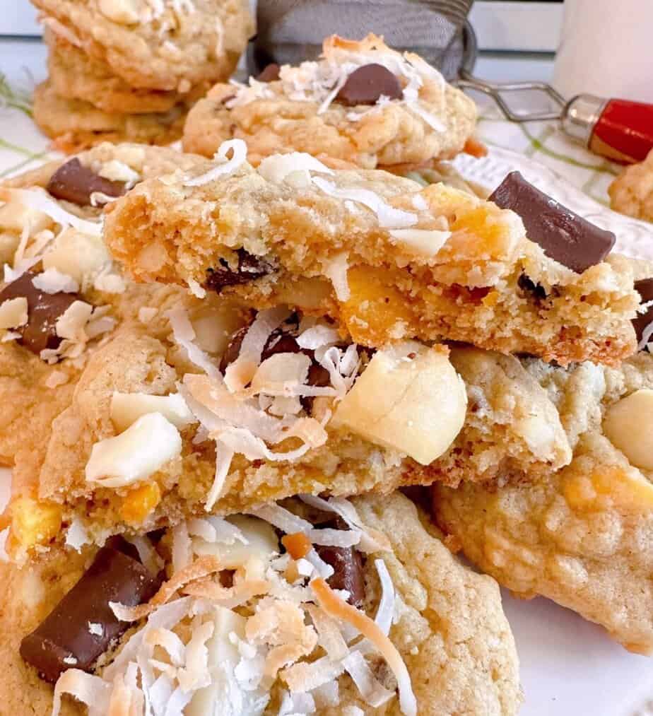 Inside the cookies broken in half.