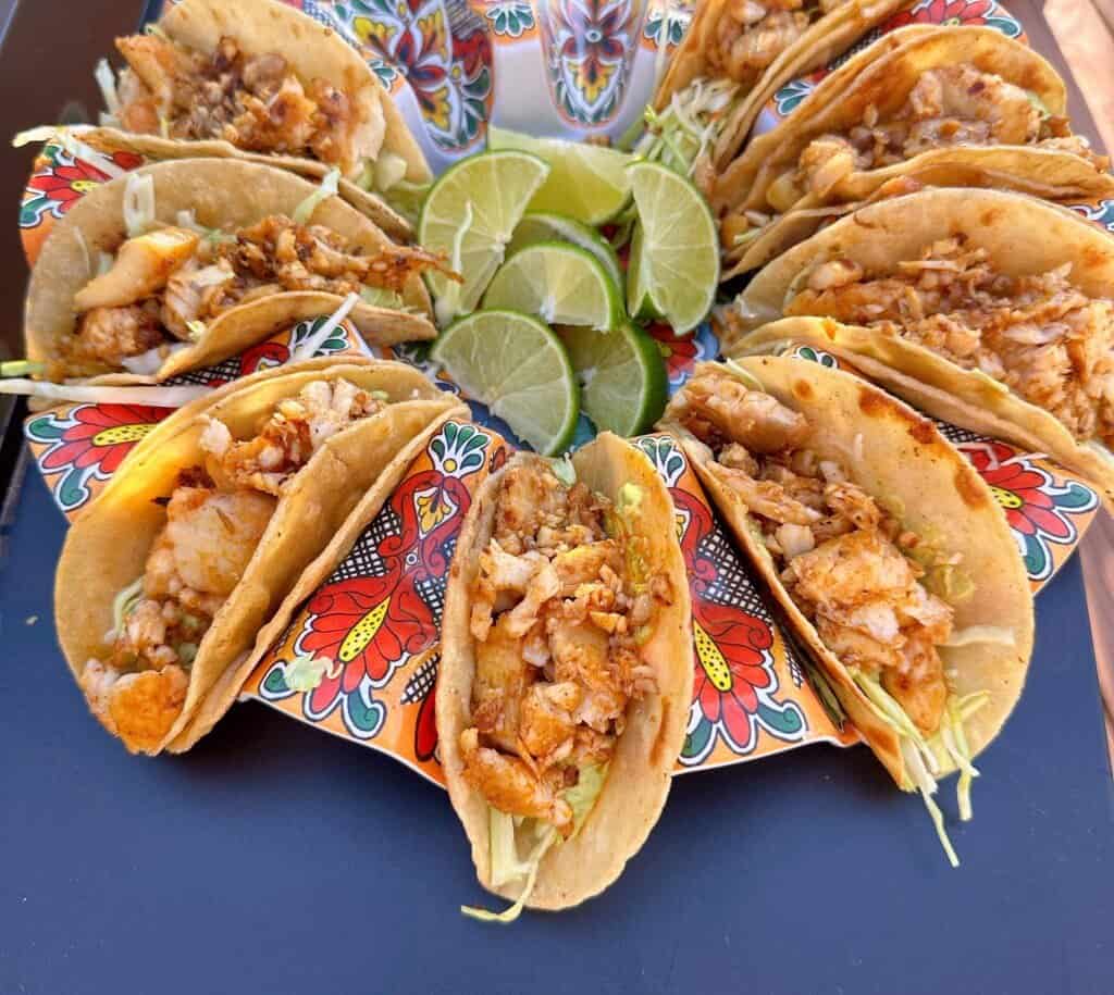Taco tray filled with tilapia tacos.