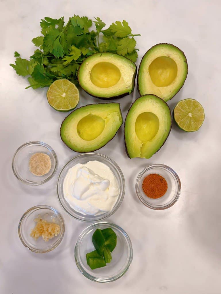Ingredients for Avocado Lime Cream Sauce.