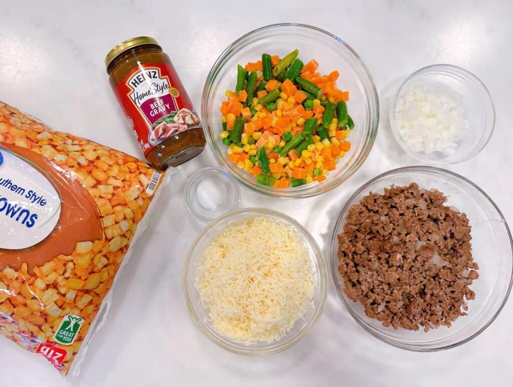 Ingredients for Layered Beef and Potato Casserole.
