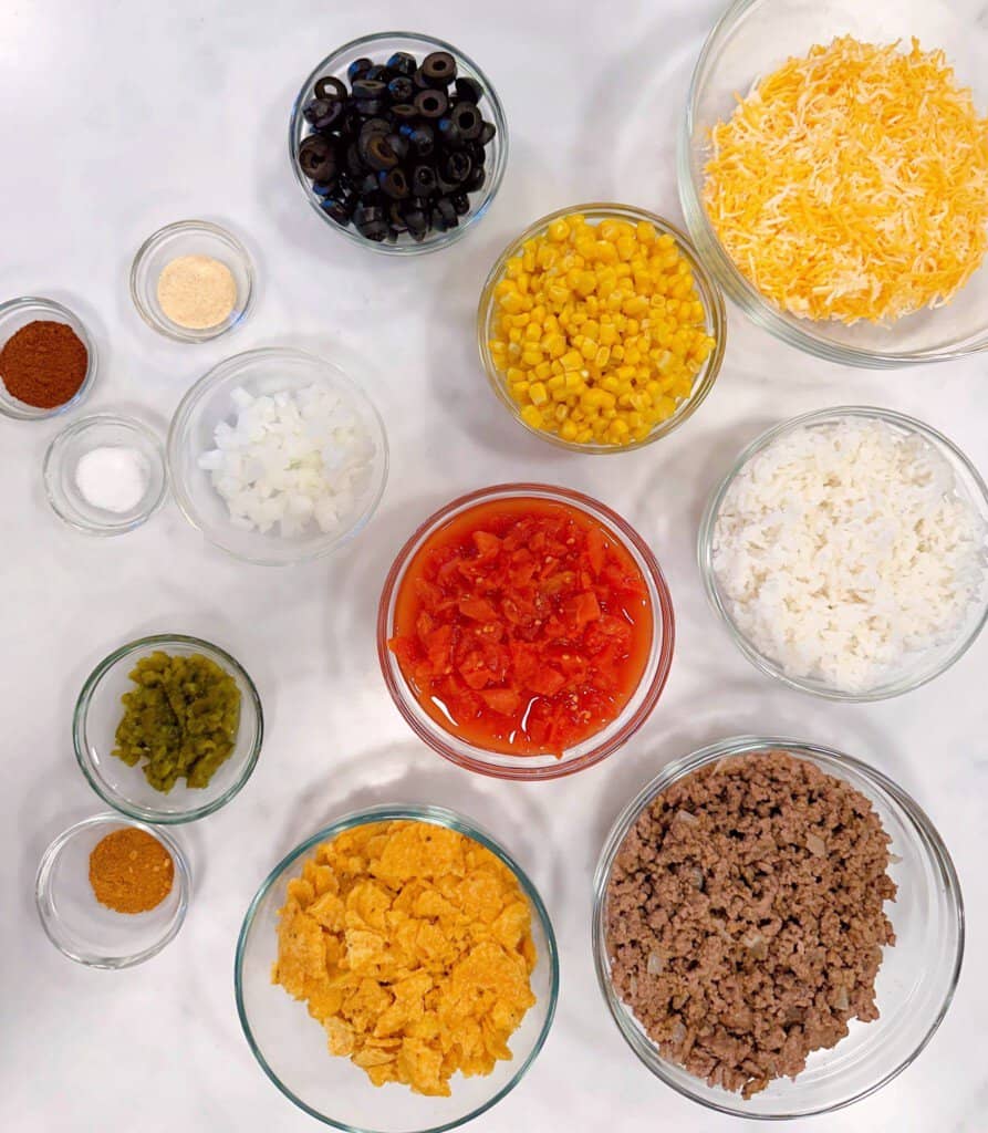 Ingredients for Cheesy Taco Rice Casserole.