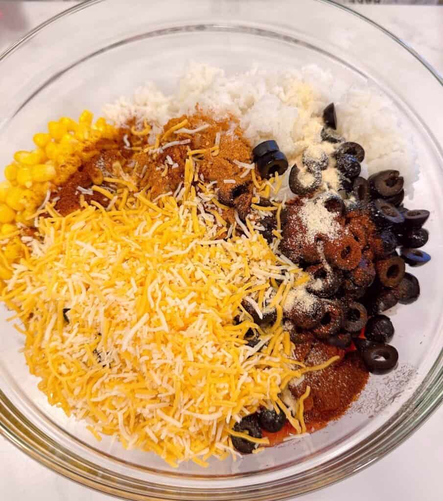 Casserole Ingredients in a large bowl waiting to be mixed.